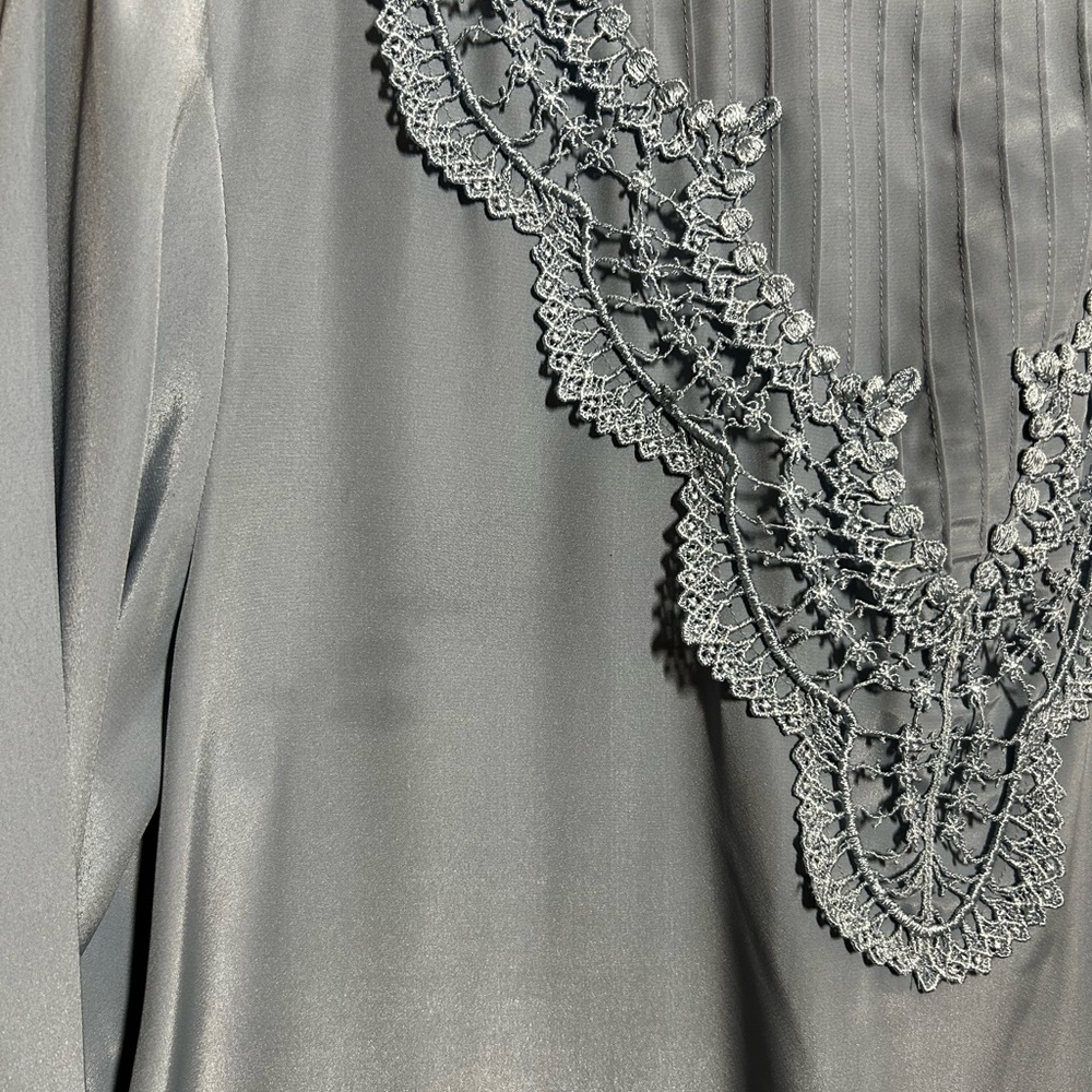 Victorian Style Sz 12Prairie Blouse Gray Lace Yoke High Neck Long Sleeve - Picture 9 of 15